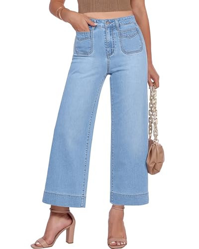 GRAPENT Stretchy Jeans for Women Women’s High Waist Women's Wide Leg Plus Size Stretch Wide Leg Cropped Jeans, Seaside Blue, XL, US Size 16 to 18 | Amazon (US)