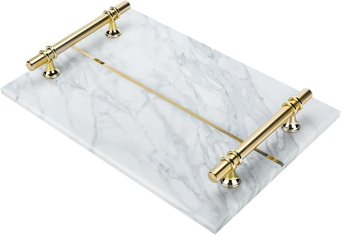 HighFree Marble Stone Decorative Tray, Luxurious Handmade Nightstand Tray with Copper-Color Metal... | Amazon (US)