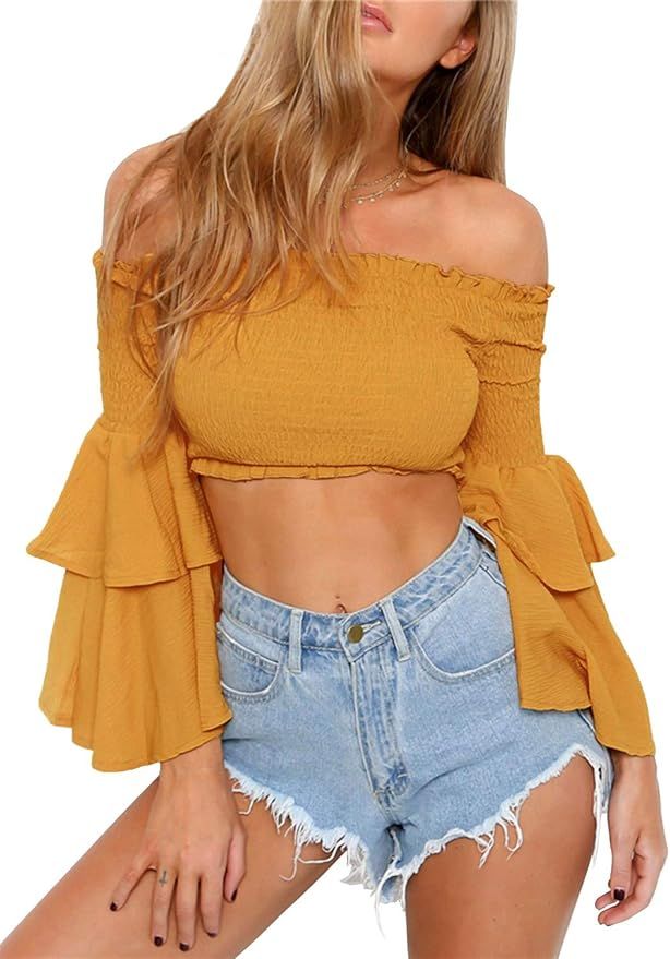 Arjungo Women's Vintage Off The Shoulder Tops Long Flared Sleeve Elastic Crop Tops Blouse Shirt | Amazon (US)