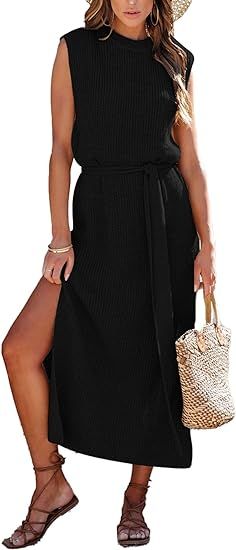 Womens Elegant Solid A-Line Sleeveless Slit Midi Sweater Knit Dress with Belt | Amazon (US)