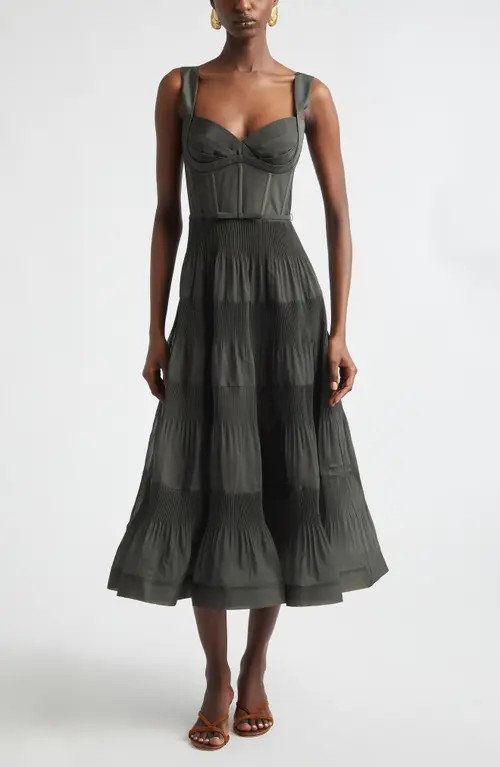 Zimmermann Pleated Corset Midi Dress in Olive at Nordstrom, Size 0 | Nordstrom