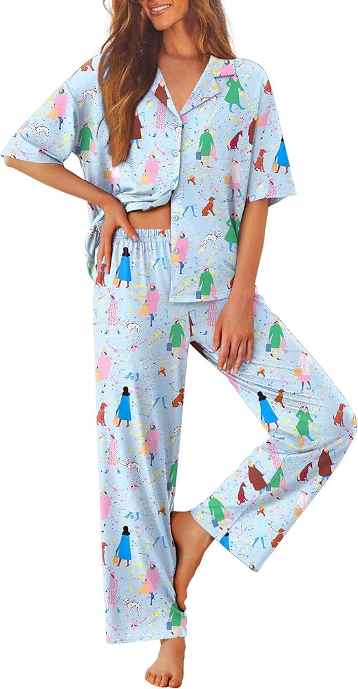 Ekouaer Women Pajamas Set Button Down Sleepwear Short Sleeve Pjs Soft Comfy Nightwear with Long P... | Amazon (US)