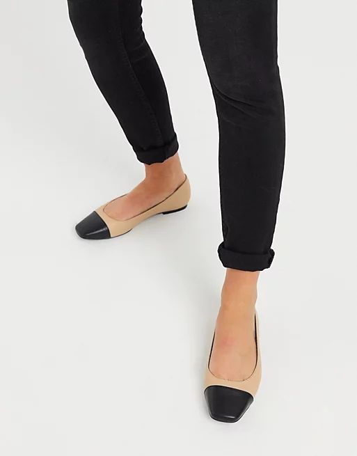 ASOS DESIGN Locket square toe ballet flats in black and beige | ASOS (Global)