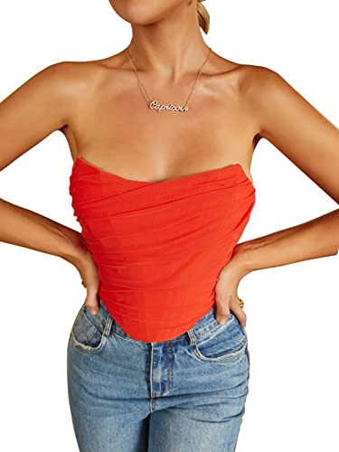 MOALLUOM Mesh Corset Crop Top Bustier Underbust Boned Backless Sleeveless Strapless Off Shoulder Aesthetic Bodyshaper for Women Y2K (Tangerine, 2-4) | Amazon (US)