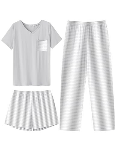 Ekouaer Women's 3 Piece Pajama Set Short Sleeve Sleepwear Pj Set Top and Shorts Pants Pjs with Pockets, Gray Stripe, XXL | Amazon (US)