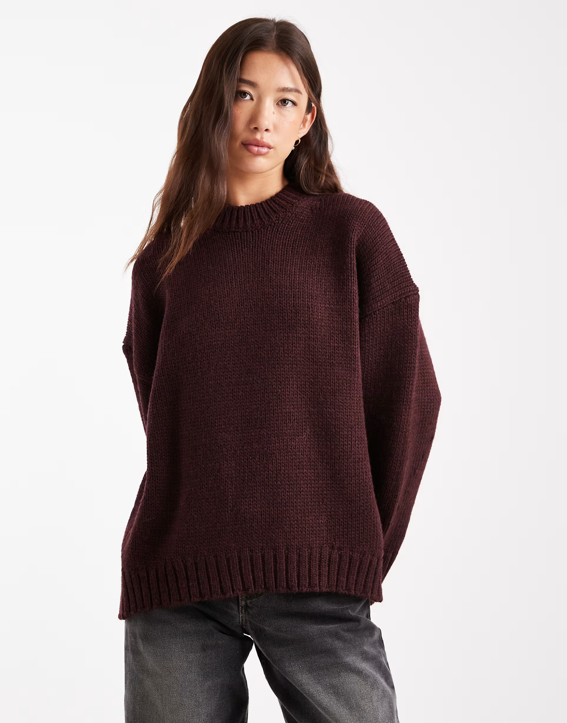 ASOS DESIGN super oversized chunky crew neck sweater with curved hem in plum | ASOS (Global)