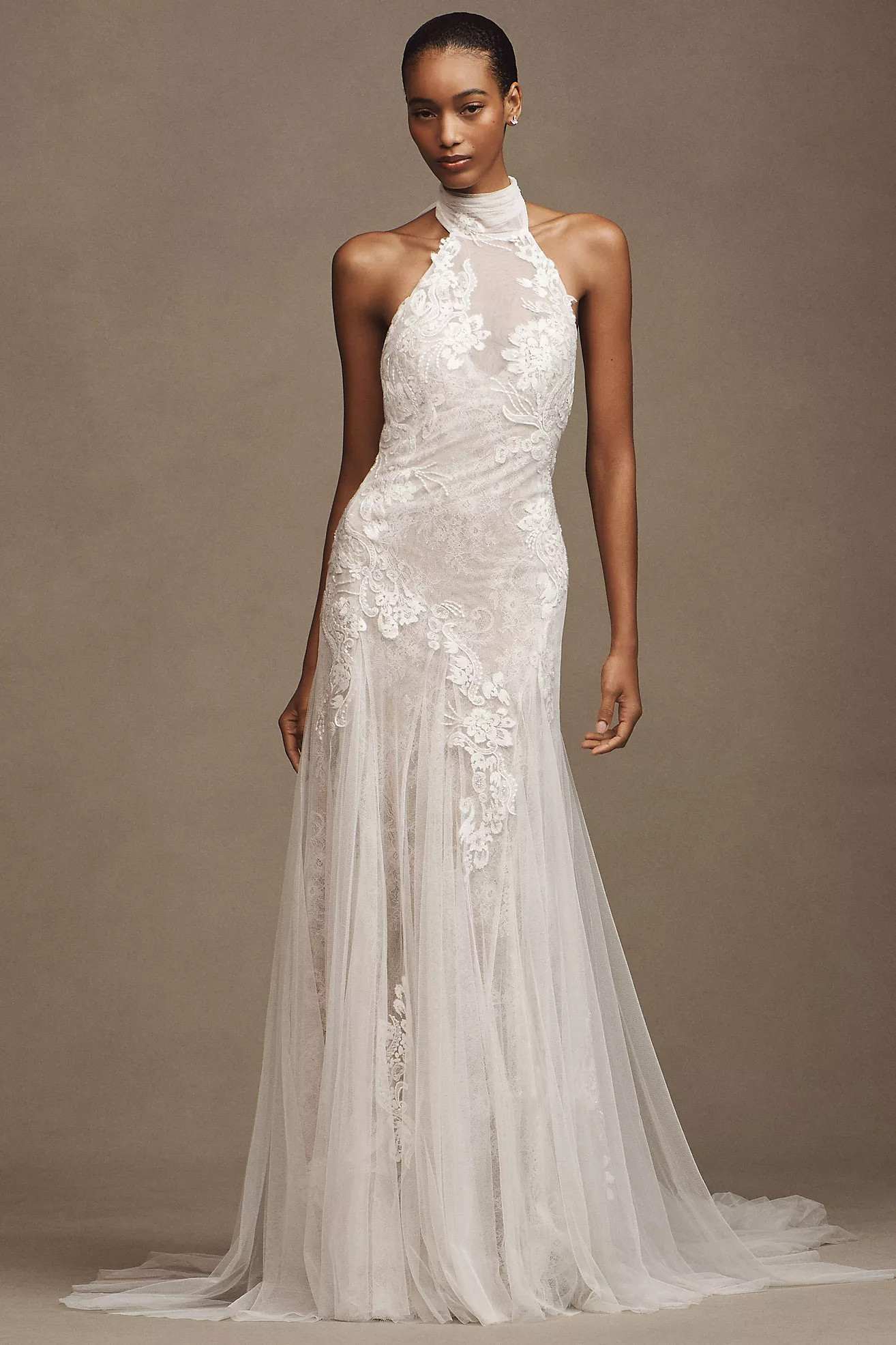 Watters Zoe Halter Fit & Flare Beaded Lace Wedding Gown | Anthropologie (US)