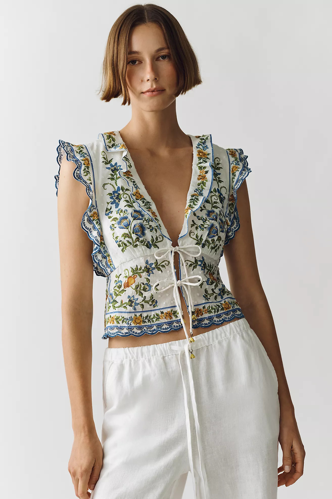 Farm Rio Emily Cotton Tie-Front Blouse | Anthropologie (US)