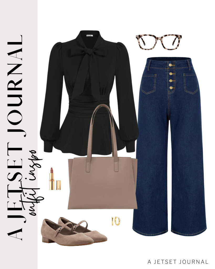 Try this black peplum top paired with wide-leg flare jeans for a stylish look at evening meetings. To enhance this outfit, consider pairing it with Rockport Taren Mary Jane flats and blue light-blocking glasses. Add huggie hoop earrings to complete the look. 

 #LTKSeasonal #LTKSaleAlert #LTKTravel