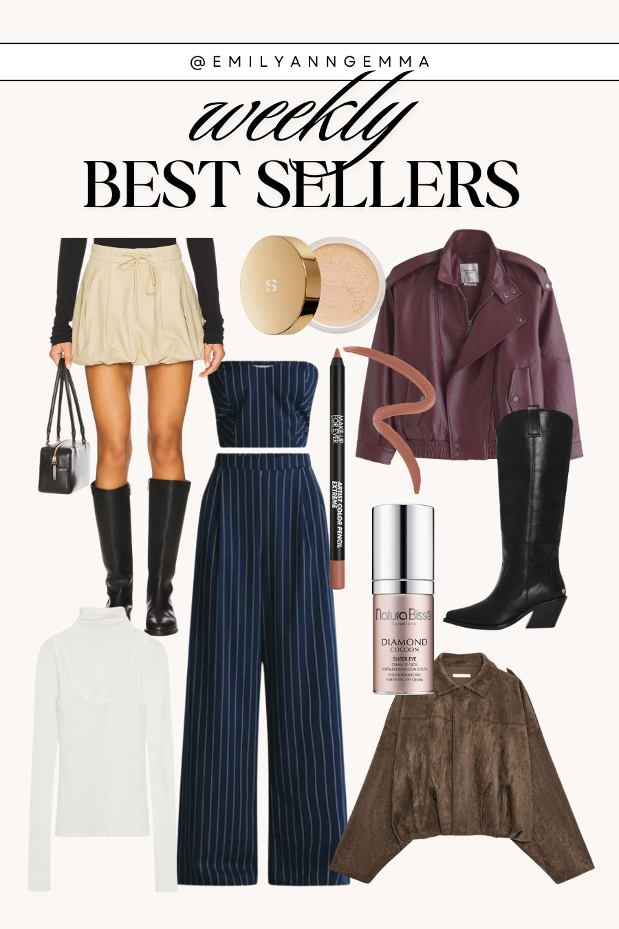 Weekly best sellers! Current favorite beauty products including setting powder, lip liner and eye cream plus fall finds like leather jackets, suede, turtlenecks and more. 

 

#LTKSeasonal #LTKFindsUnder100 #LTKStyleTip