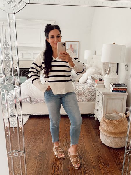 Striped sweater with furry Birkenstock sandals