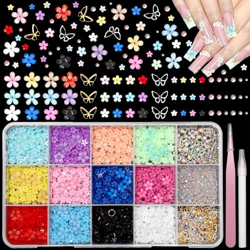Colorful Flower Nail Charms Spring Cherry Blossom Flowers for Acrylic Nail Art, Flatback Clear Rhinestones Gems and Silver Gold Rivet Gems for for Manicure Nails Decor DIY | Amazon (US)