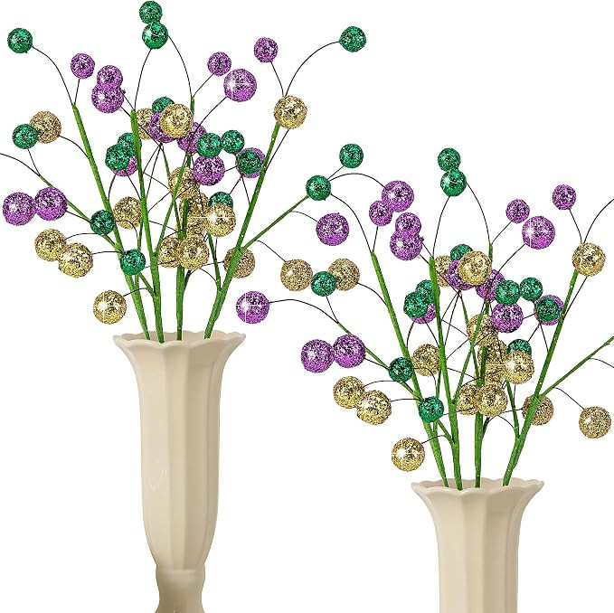 Watayo 8 Pcs Mardi Gras Ball Centerpiece Stems- 15" Mardi Gras Artificial Glitter Berry Stems Orn... | Amazon (US)