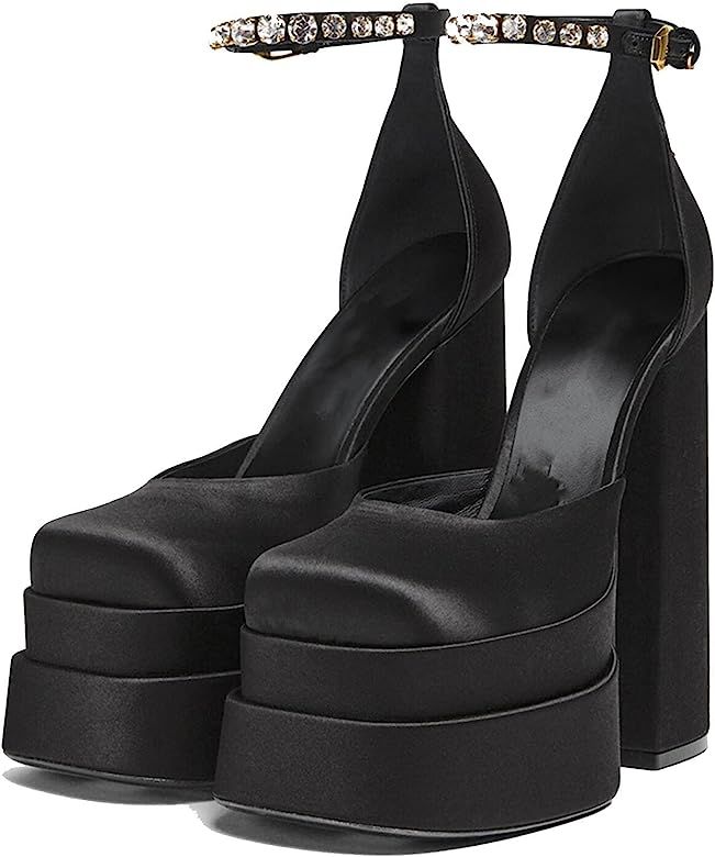 Womens Platform Dress Pumps Ankle Strap Block High Heeled Silk Satin Square Toe Fashion Heeled Pumps | Amazon (US)