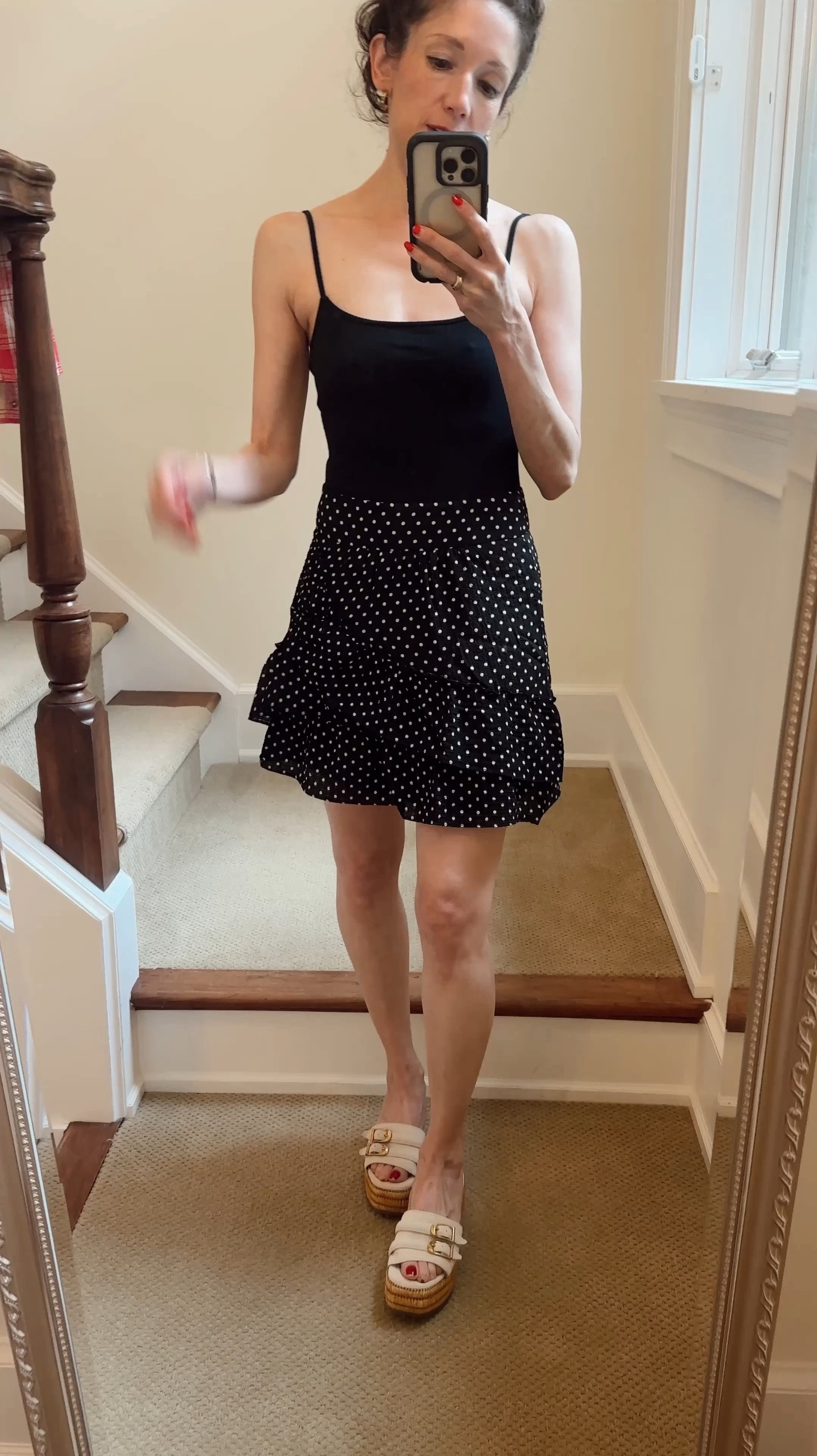 A workhorse camisole bodysuit with adjustable straps and this cute ruffle mini are on sale! Polka dots are so perfect for summer! Love wearing with my platform espadrilles to make legs looks longer!

#LTKSaleAlert #LTKVideo #LTKSeasonal