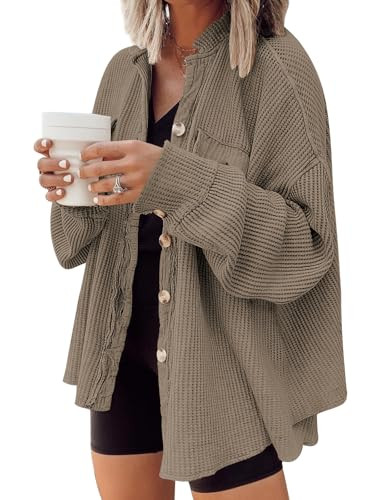 AUTOMET Fall Outfits for Women 2025 Fashion Clothes Winter Waffle Knit Clothing Oversized Button Down ShirtCoffee L | Amazon (US)