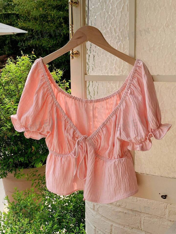 SHEIN EZwear Women Summer Tie-Front Short Puff Sleeve Babydoll Blouse | SHEIN