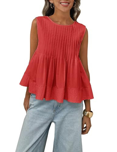 Megfie Womens Summer Pleated Peplum Sleeveless Blouse Tank Tops Round Neck Y2K Babydoll Blouse Shirt(0869-Red-M) | Amazon (US)