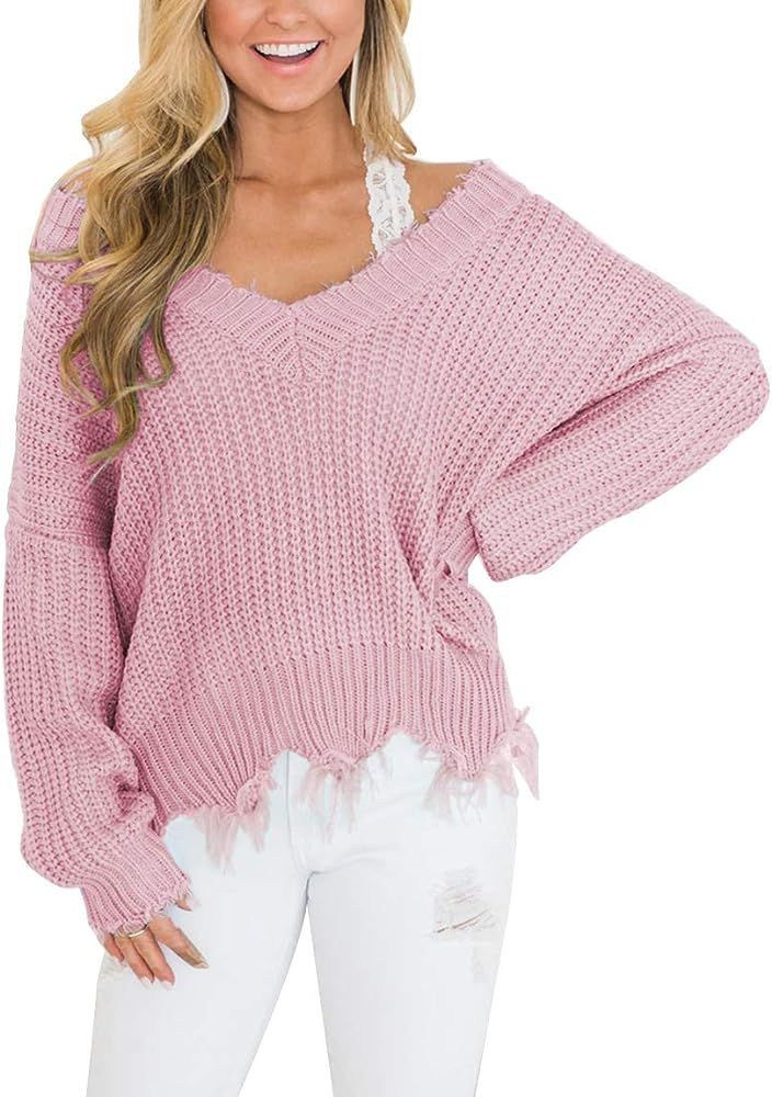 Women's Loose Knitted Sweater Long Sleeve V-Neck Ripped Pullover Sweaters Crop Top Knit Jumper | Amazon (US)