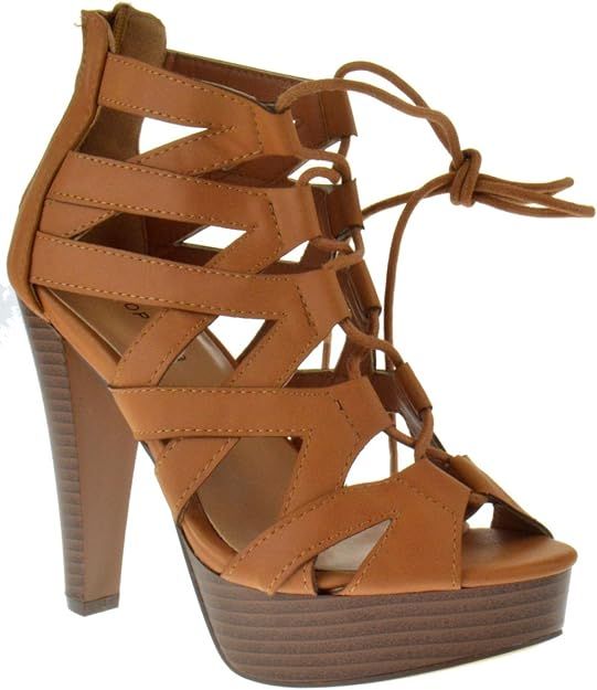 TOP Moda Table 8 Peep Toe High Heel Lace Up Strappy Pumps | Amazon (US)
