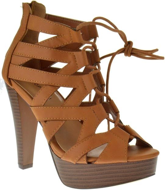 TOP Moda Table 8 Peep Toe High Heel Lace Up Strappy Pumps | Amazon (US)