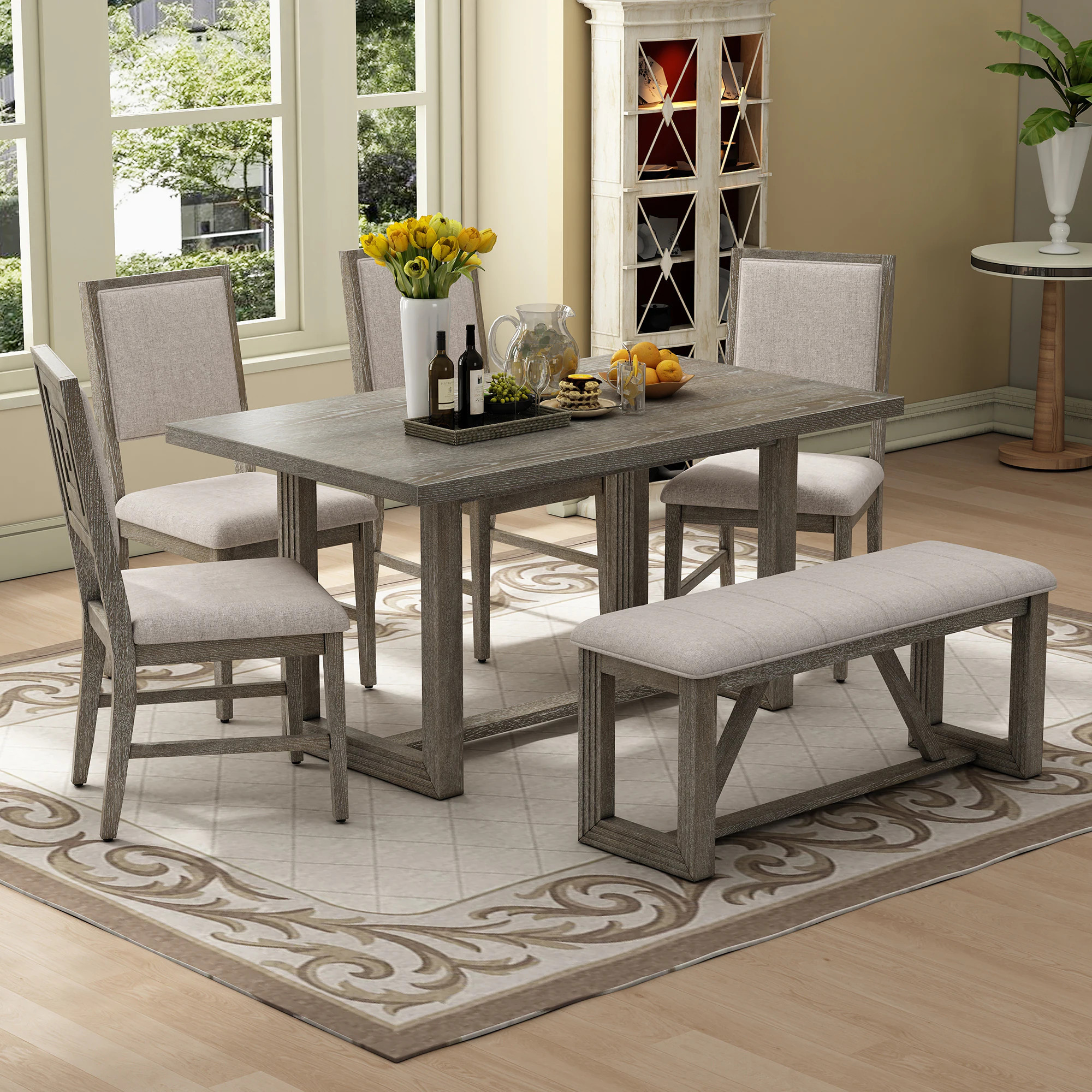 ModernLuxe Assembly Required 6Piece Retro Dining Table Set for 6 60inch Wood Kitchen Table and Chairs Set of 4 with Bench Designed Trestle Base for | Lowe's