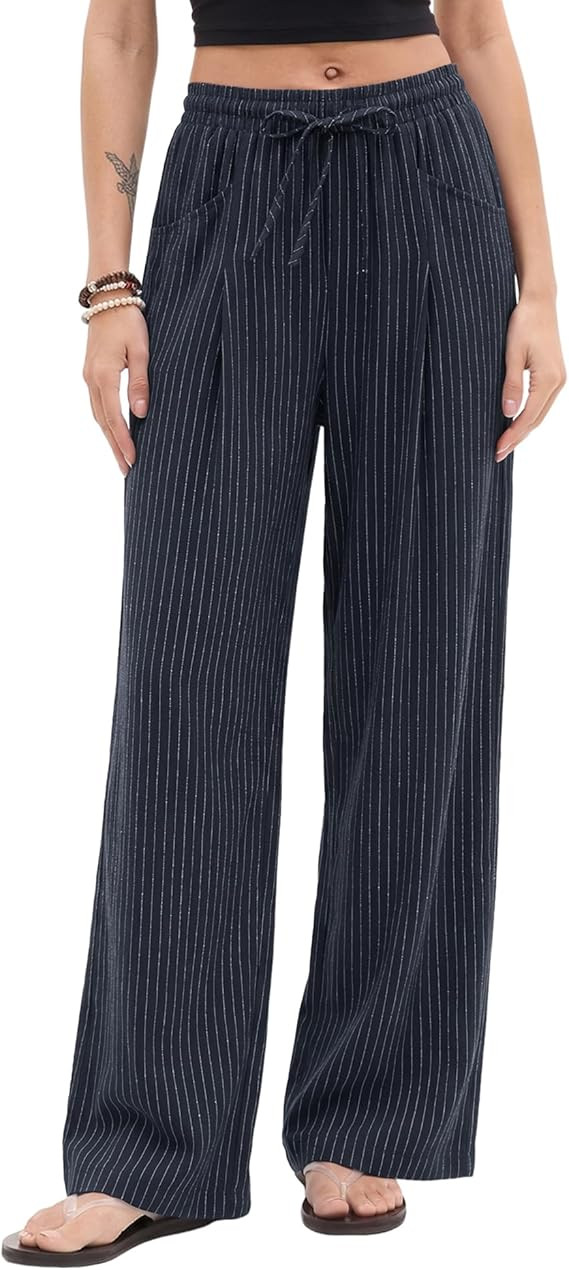 LOMON Linen Pants Women Wide Leg Palazzo Pants Elastic High Waisted Summer Beach Clothes Casual L... | Amazon (US)