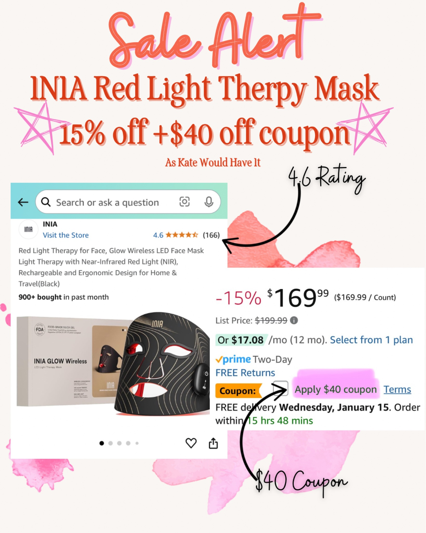 If you’ve been holding off investing in a red light therapy mask, NOW is the time. The INIA Red Light Therapy Mask is on a GREAT sale - 15% off + a $40 off coupon!

#LTKBeauty #LTKSaleAlert