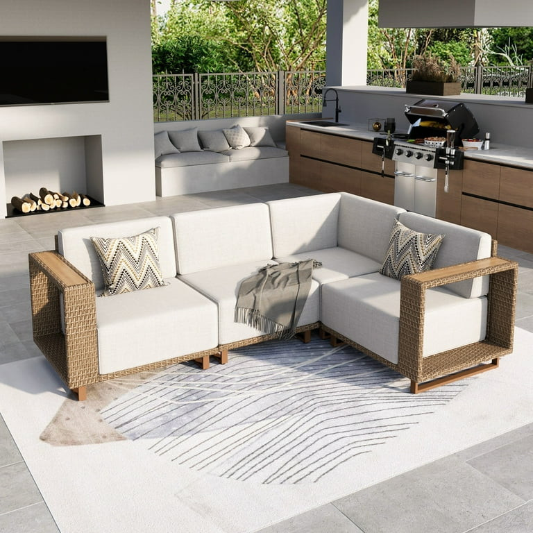 MF Studio 4-Piece Wicker Patio Furniture Set, L-Shaped Outdoor Sectional Sofa with 9.8" Extra Thi... | Walmart (US)
