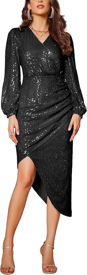 Women's 2023 Sexy Sequin Dress Sparkly Glitter Wrap V Neck Bodycon Cocktail Dress Irregular Hem P... | Amazon (US)