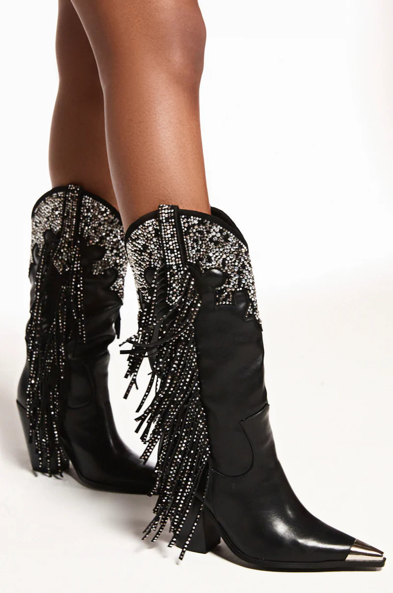 AZALEA WANG FULLER BLACK RHINESTONE EMBELLISHED COWBOY BOOT | AKIRA