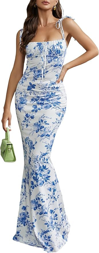 KUTUMAI Women's Summer Floral Bodycon Maxi Dress Spaghetti Strap Sleeveless Boho Long Dresses | Amazon (US)