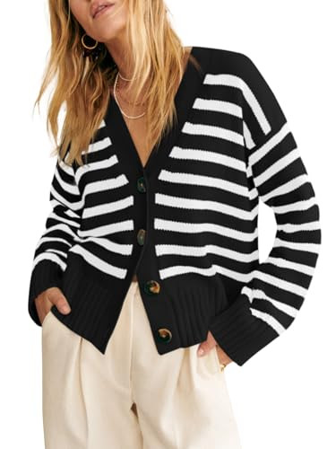 Saodimallsu Womens Striped Cardigan Sweaters V Neck Button Down Long Sleeve Open Front Ribbed Knit Outerwear Black | Amazon (US)