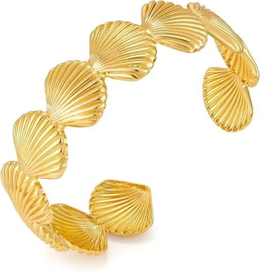 Summer Gold Cuff Bracelets For Women Gold Plated Cuff With Shell And Starfish Charm On Both Ends | Amazon (US)