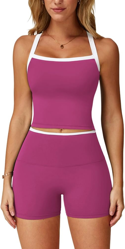 QBGJTD Two Piece Workout Sets For Women Tank Top Matching High Waist Booty Lifting Shorts Gym Yog... | Amazon (US)