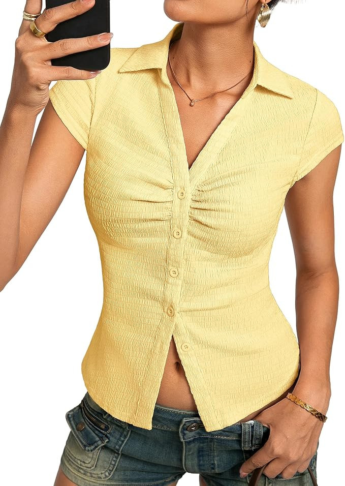 Kate Kasin Women Button Down Blouse, V-Neck Ruched Tops with Y2K Collar, Slim Fit Cap Sleeve Busi... | Amazon (US)