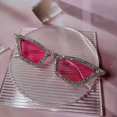1 Pair Women's Rhinestone & Crystal Decor Pink Frame Y2K Luxury Party Fashion Glasses, Cute Cat Eye Style Suitable For Beach, Theme Party, Wedding (Co | SHEIN