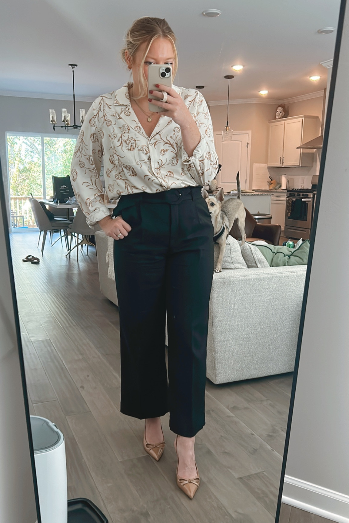 Ivory floral button down -wearing a Small
Black paper bag pants - tts wearing an 8
Nude kitten heel with a bow - tts wearing a 38

#LTKworkwear #LTKfindsunder50 #LTKfindsunder100