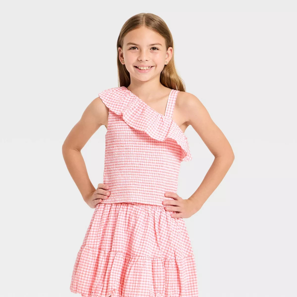 Girls' Smocked Gingham One Shoulder Top - Cat & Jack™ Pink M | Target