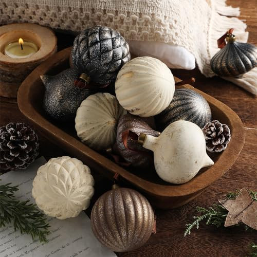 12 Pcs Textured Christmas Ornaments 2.36'' Neutral Home Decor with Hanging Loop Brown Vintage Lar... | Amazon (US)