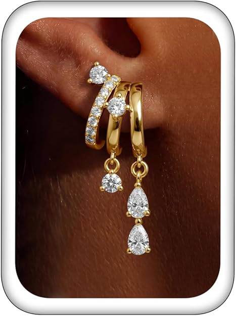 Triple Huggie Stacked Earrings for Women Gold Chain Drop Dangle Earrings Cute Statement CZ Earrin... | Amazon (US)