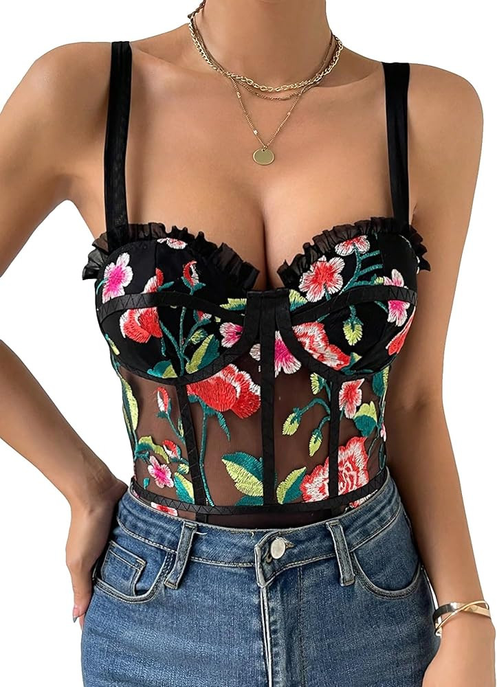 Milumia Women's Floral Lace Sheer Mesh Corset Bodysuit Spaghetti Strap Cami Top | Amazon (US)