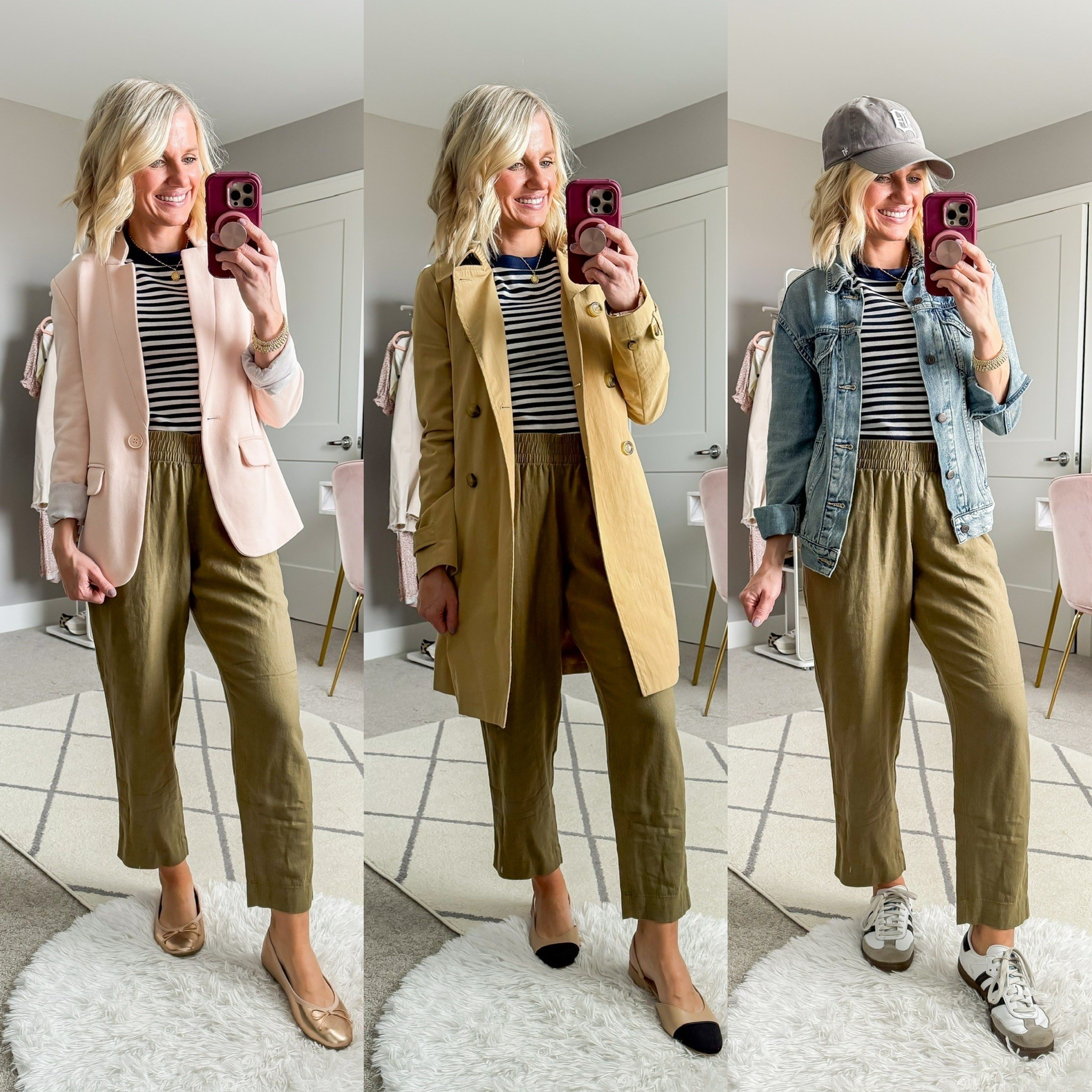 Spring capsule wardrobe outfits with green linen pants and a navy striped shirt  

#LTKSeasonal #LTKStyleTip #LTKOver40
