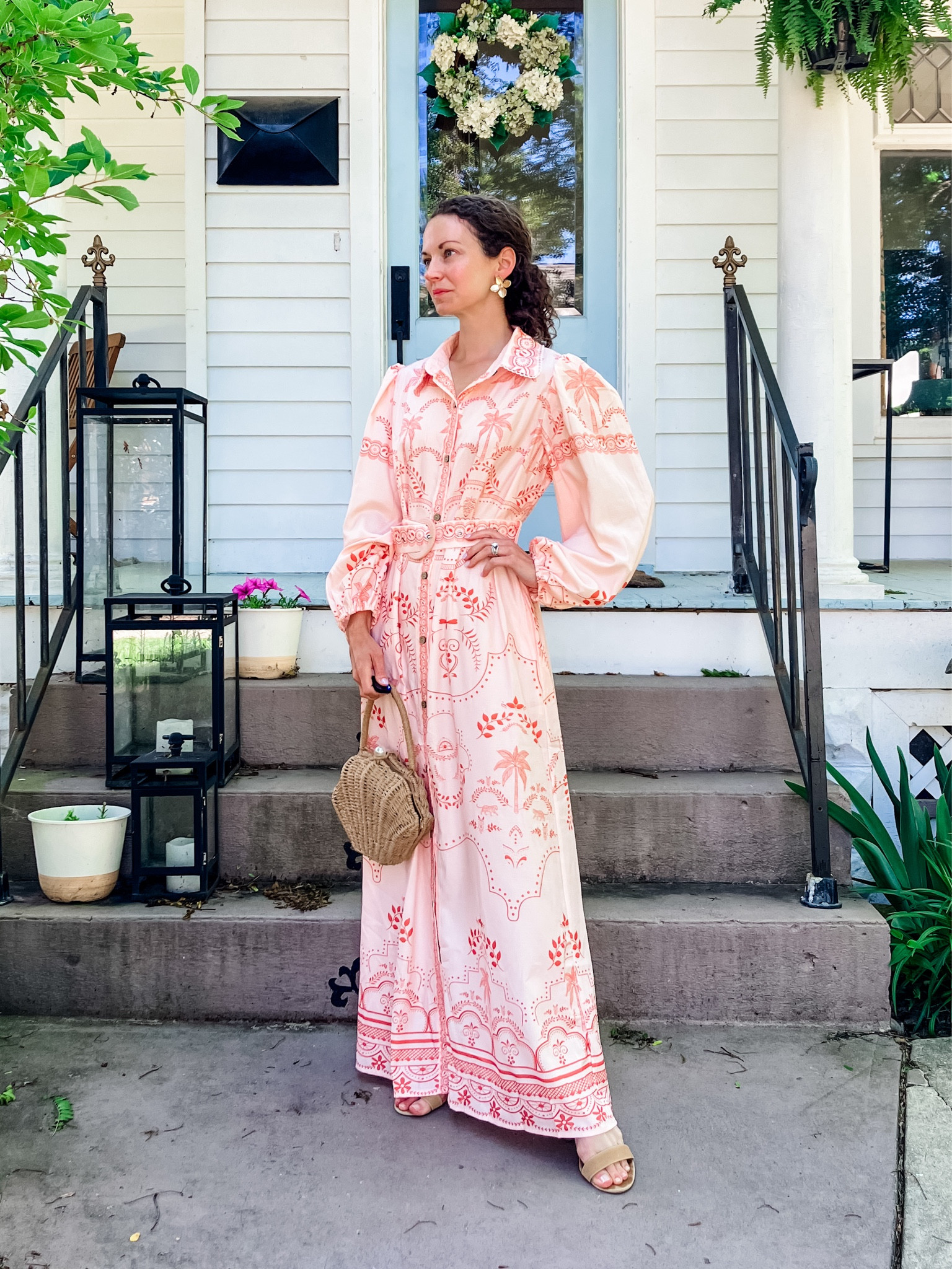 A beautiful floral summer dress!
Floral maxi dress from @Chicwish 
Large gold flower earrings from a local boutique, linking similar. 
Rattan seashell handbag from Chicwish. 
Tan block heel sandals from @stevemadden-us 

Petite outfit. Modest dress. Summer dress. Colorful outfit  

#LTKgrwm #LTKOver40 #LTKootd