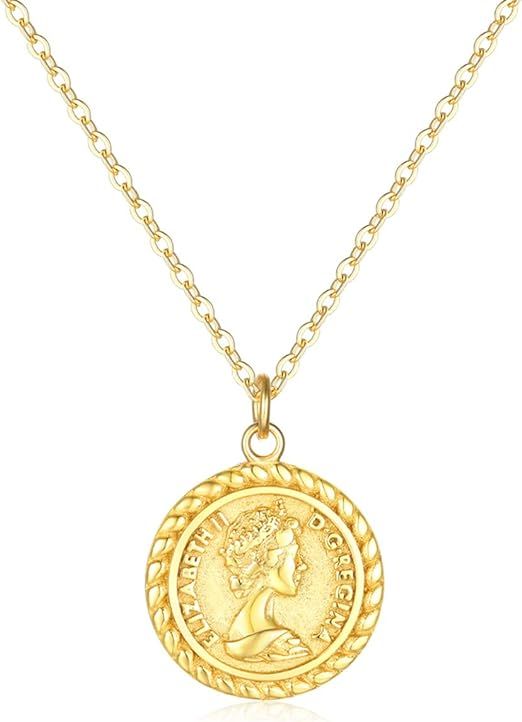 Mevecco Carved Gold Coin Pendant Necklace for Women Girls Men,14K Gold Plated Dainty Minimalist N... | Amazon (US)