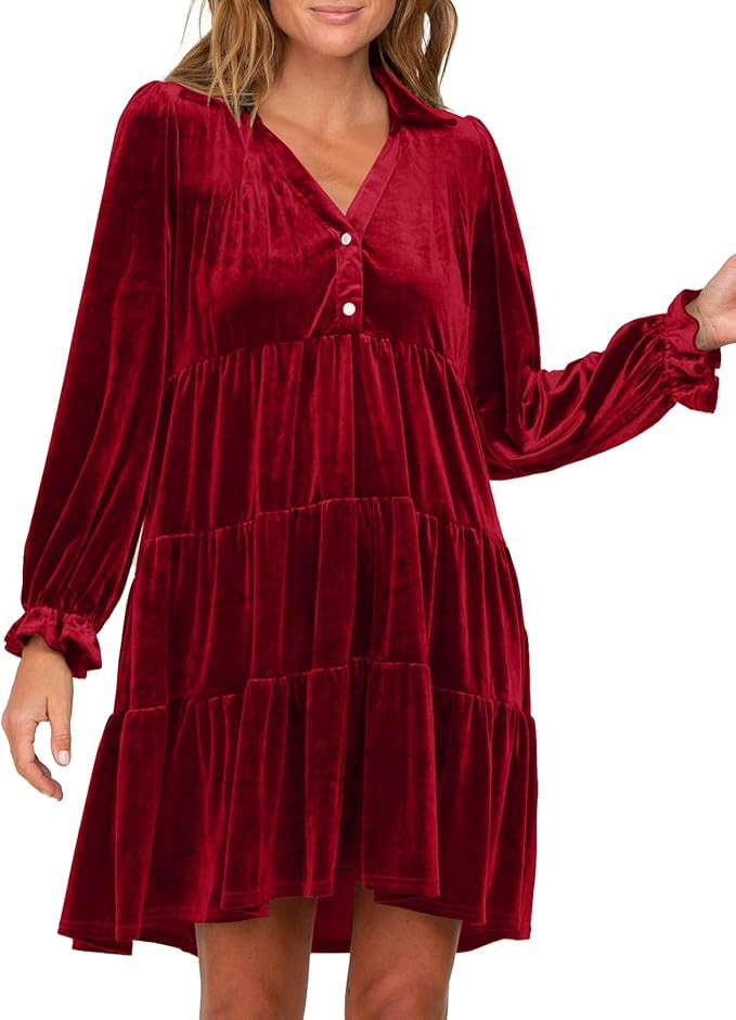 Women Velvet Dress V Neck Long Sleeve Flare Velvet Party Dress Ruffled Tiered Cocktail Dress | Amazon (US)