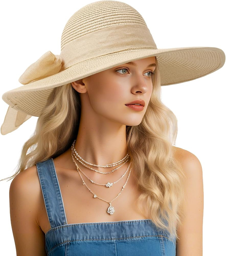 Beach Sun Straw Hats for Women, Wide Brim UPF 50+ UV Sun Protection Summer Straw Hat Packable Fol... | Amazon (US)