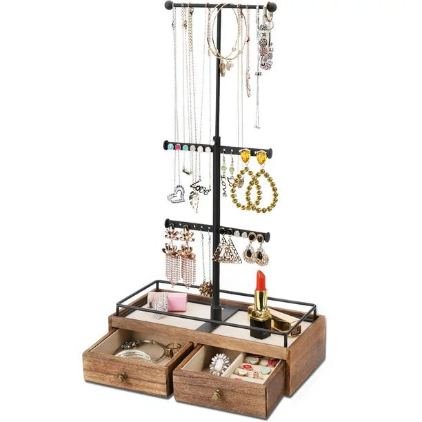 Keebofly Jewelry Organizer Metal &amp; Wood Basic Storage Box - 3 Tier Jewelry Stand for Necklace... | Walmart (US)