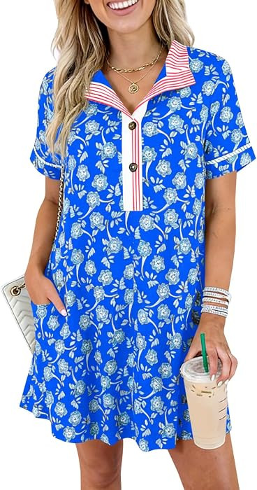 Wenrine Womens Floral Mini Dress Short Sleeve Summer Boho Dresses | Amazon (US)