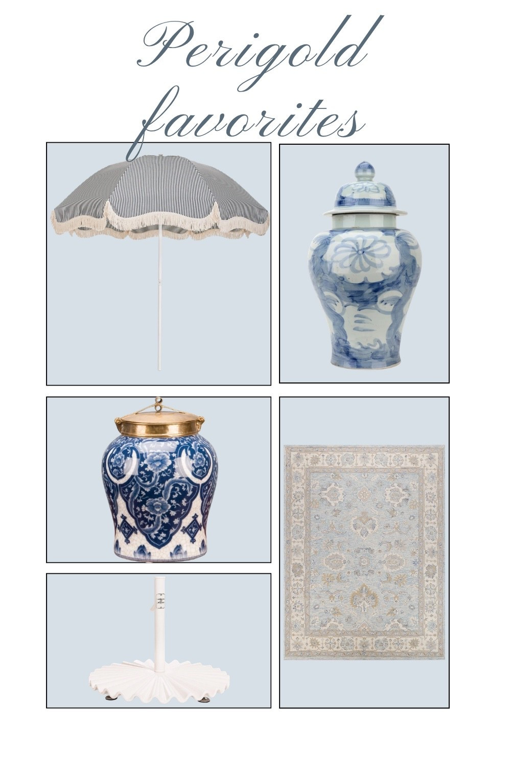 Your top favorite purchases from Perigold this past week -- my favorite Patio Umbrella with a nostalgic and coastal European aesthetic, a gorgeous Clamshell Base to pair with it, my Hand-Tufted New Zealand Wool Rug carrying shades of ivory, brown, and blue, and beautiful Porcelain Jars. 🩵✨ 

 #LTKHome #LTKSeasonal